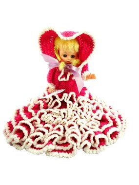 Vintage Doll Ruffled Layered Crochet Pink White Dress Sleeping Eyes 14in